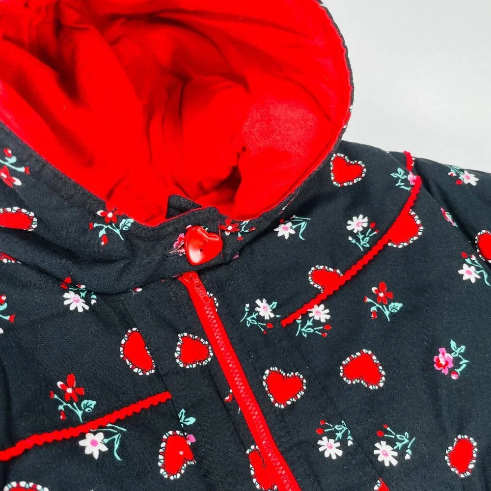 Vintage Baby Girls Black + Red Heart + Floral Print Winter Puffer Coat 12m